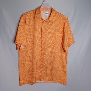 ZARA Shirt Mens Medium Orange Short Sleeve Button Up Op Art Psychedelic Party